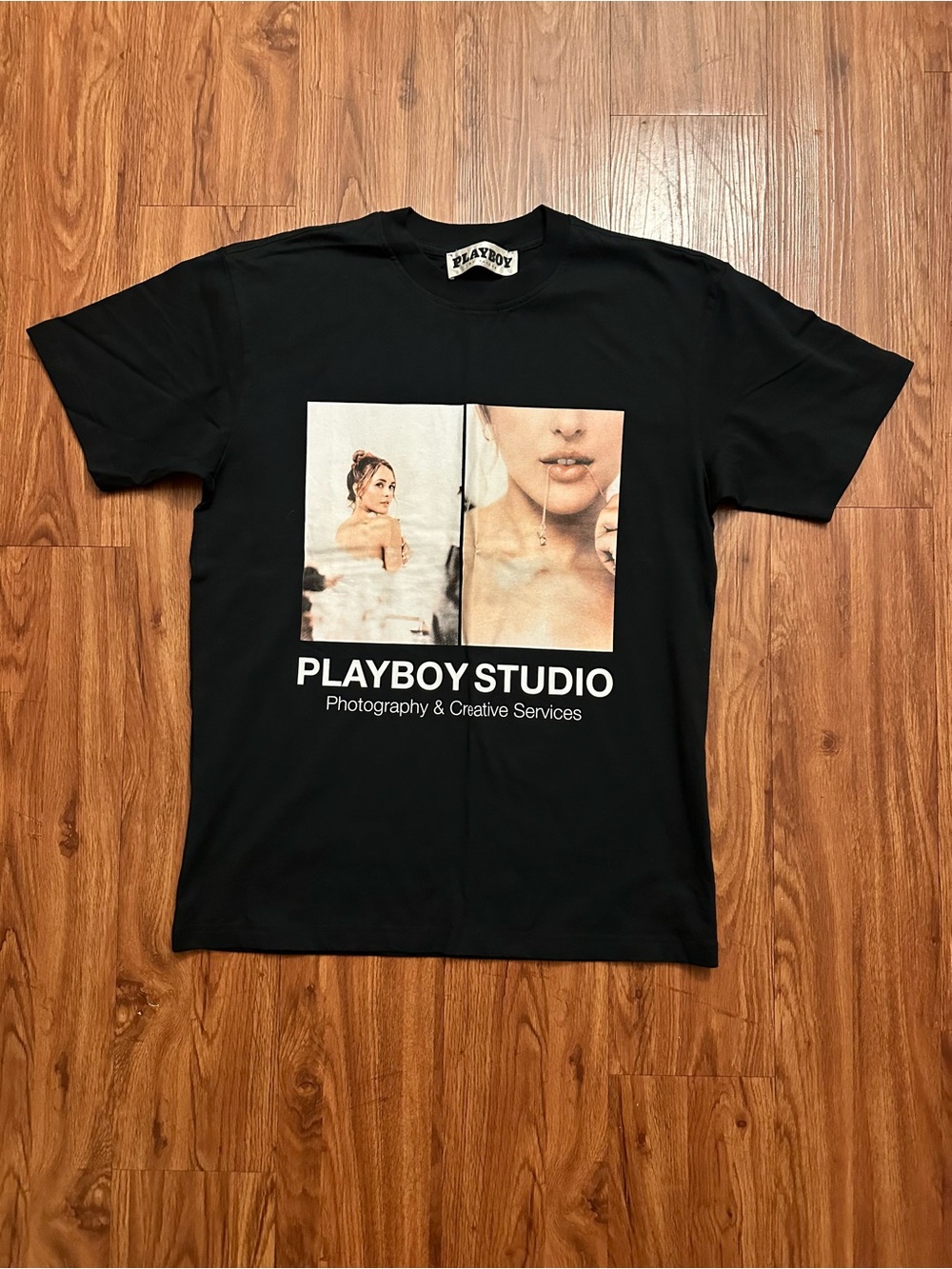 PLAYBOY Black Graphic Tee with Dual Photo Panels